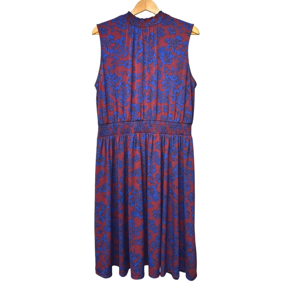 ModCloth Size 1X Sleeveless Burgundy Blue Floral Dress Mock Neck Smocked Waist